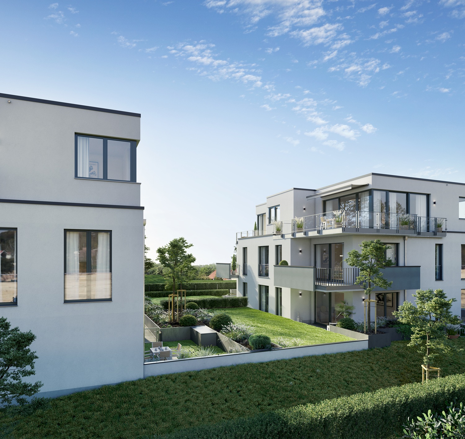 Visualisierung der kompakten Zwei-Zimmer-Wohnung in Haus 1 mit Terrasse